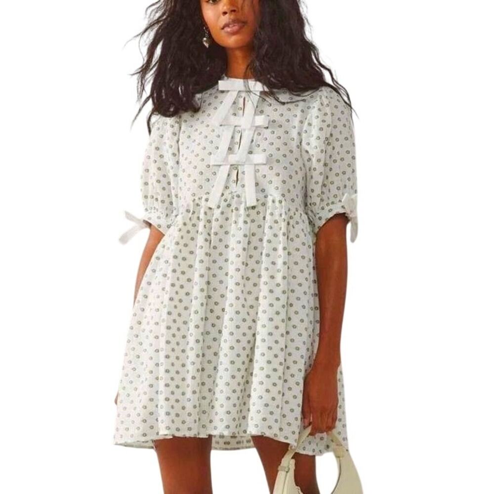Sister Jane Ezra White Green Floral Jacquard Bow Front Babydoll Mini Dress Small